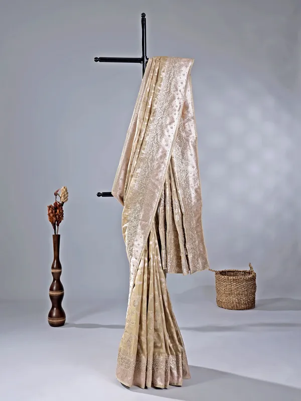 Beige wedding wear silk saree with zari detailing