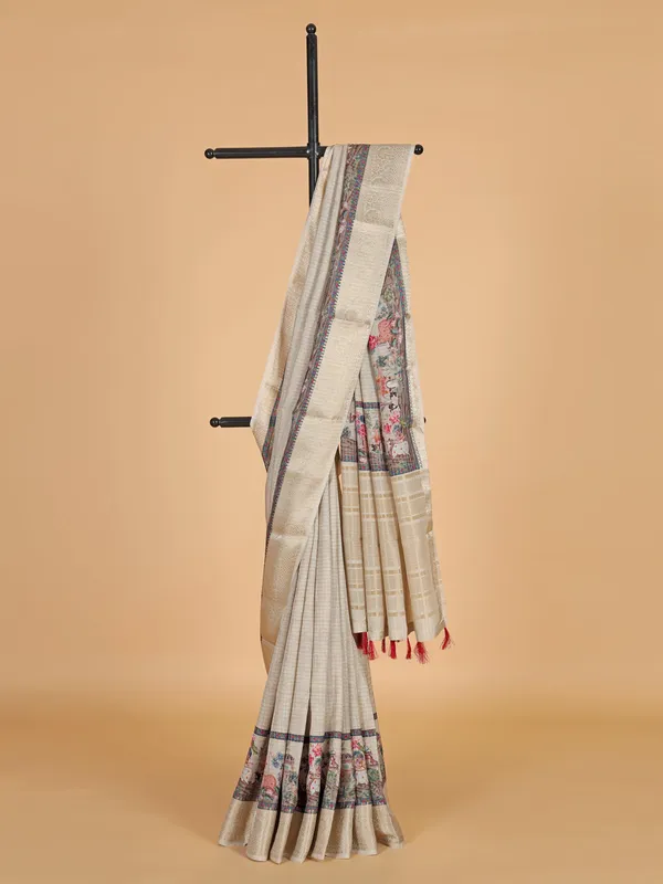 Beige zari weaving dola silk saree