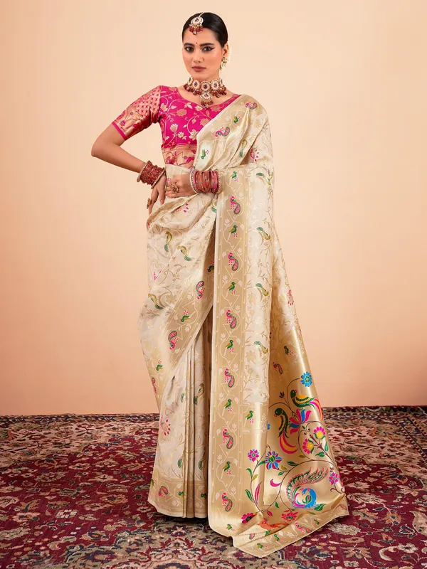 Beige zari worked paithani silk saree
