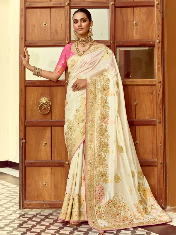 Beige zari worked silk saree
