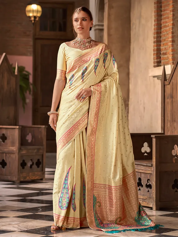 Beige zari worked silk saree for women