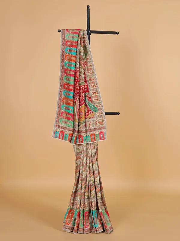 Beige zari worked wedding saree in silk
