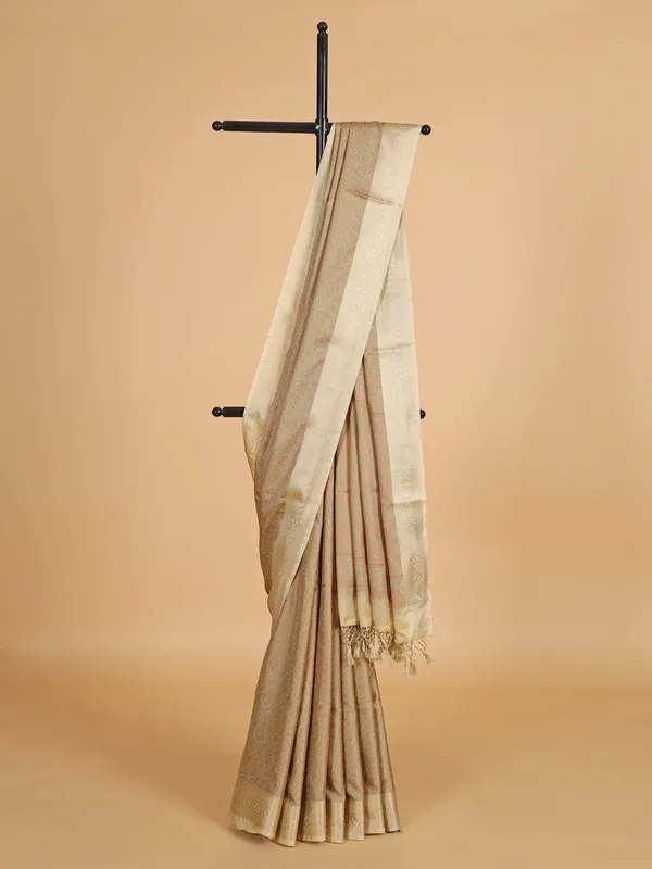 Beige zari worked wedding silk saree
