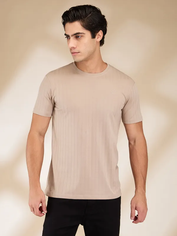BEING HUMAN beige stripe round neck t-shirt