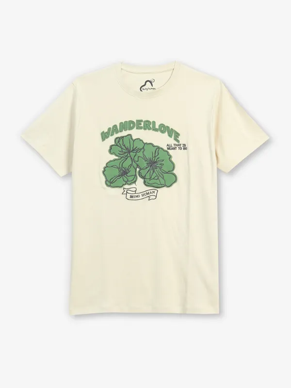 BEING HUMAN cream cotton embroidery t-shirt