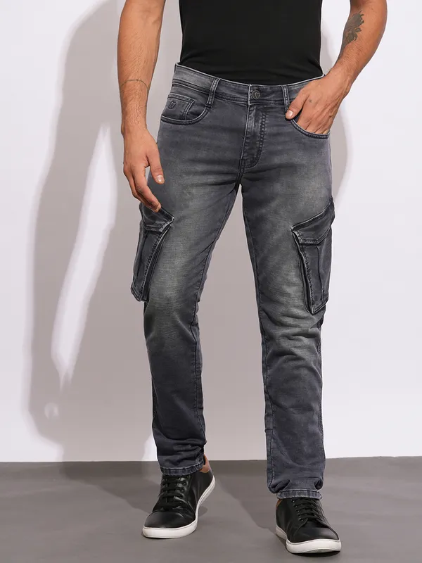 BEING HUMAN dark grey cargo fit jeans for mens