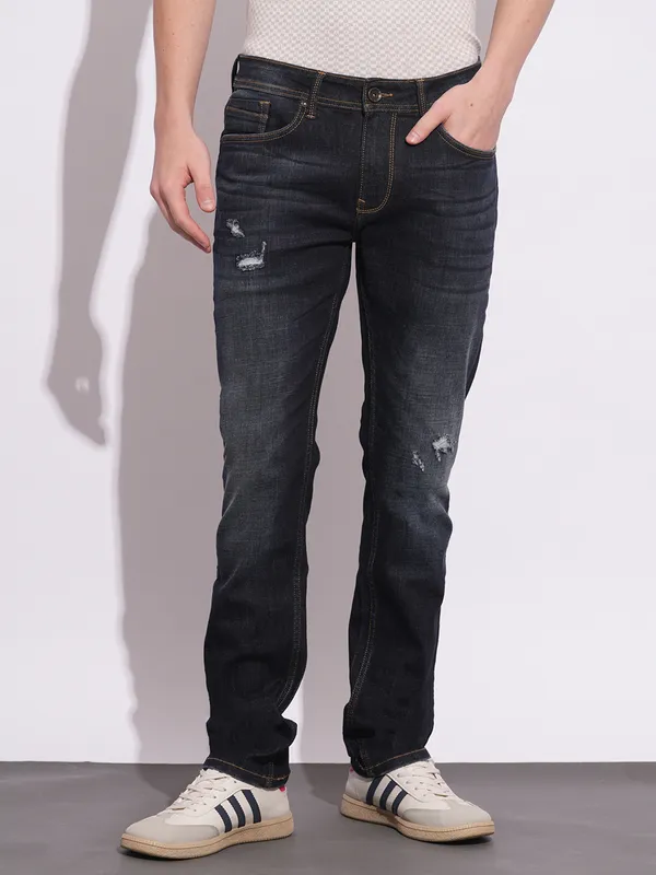 BEING HUMAN dark grey washed and ripped jeans for mens