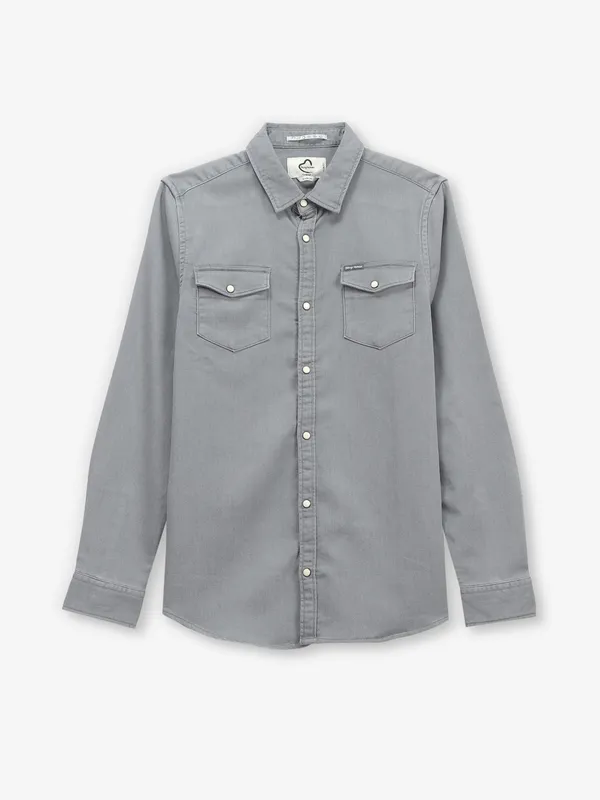 BEING HUMAN grey solid denim shirt