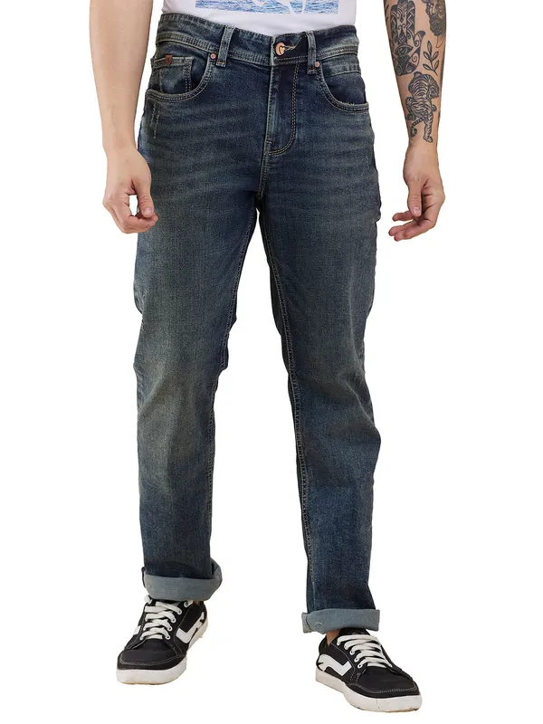 BEING HUMAN mid tone blue washed jeans for mens