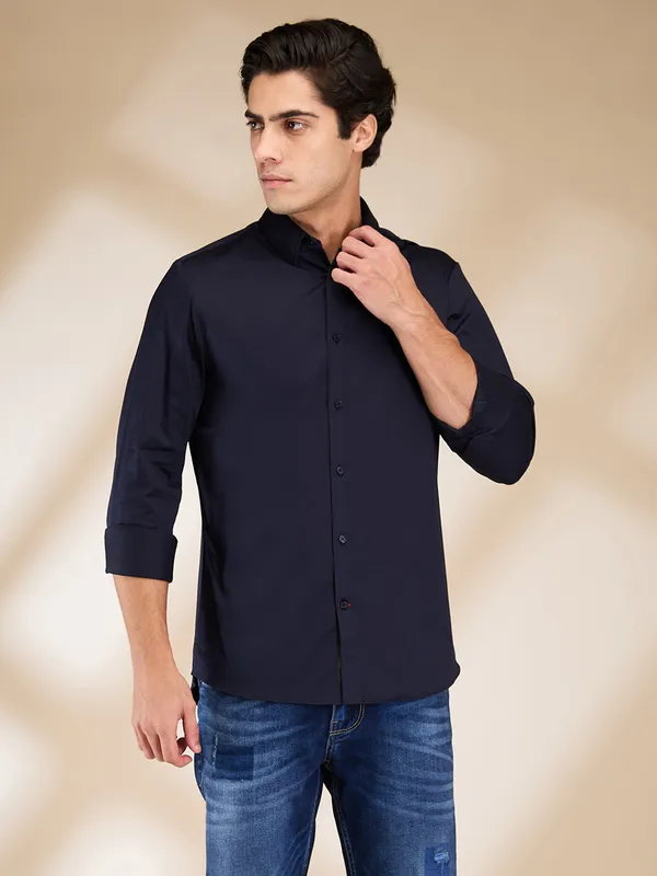 BEING HUMAN navy solid cotton shirt for men