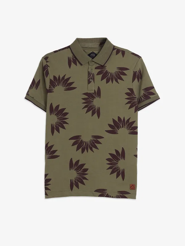 BEING HUMAN olive printed polo t-shirt