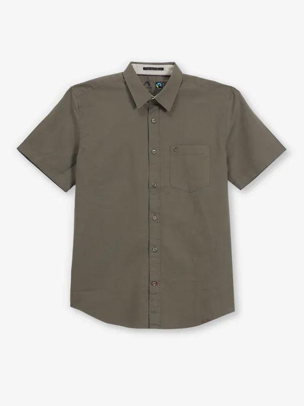 BEING HUMAN plain olive cotton half sleeve shirt