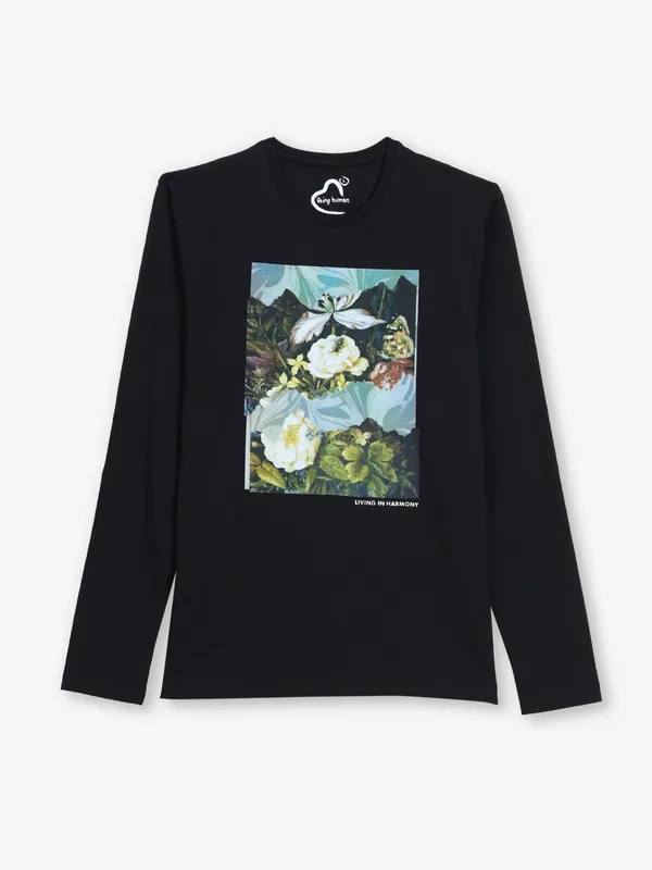 BEING HUMAN printed black cotton t-shirt with full sleeve