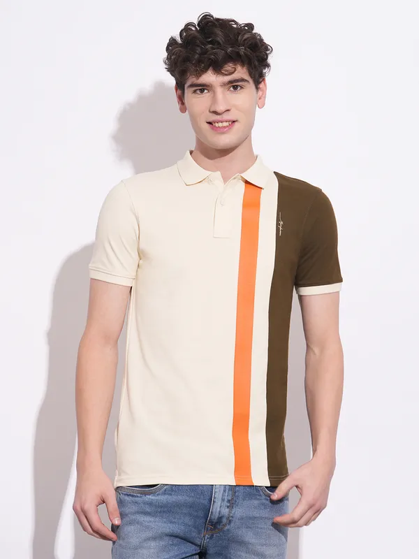 BEING HUMAN printed cream slim fit mens polo t-shirt