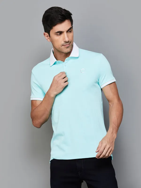 BEING HUMAN sky blue plain cotton polo t-shirt