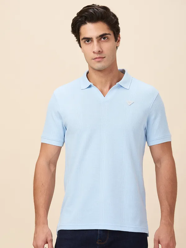 BEING HUMAN sky blue textured cotton polo t-shirt