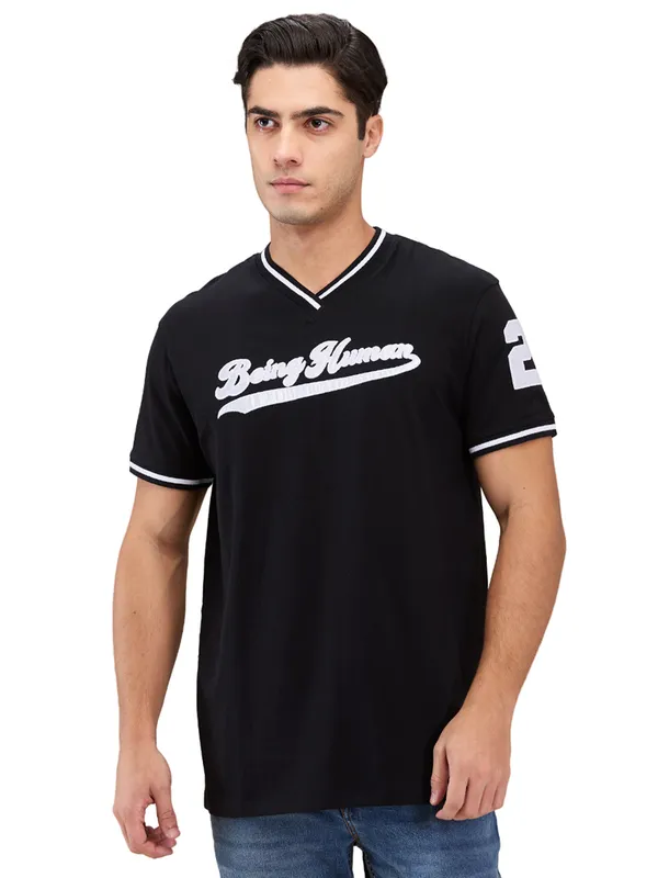 BEING HUMAN slim fit printed black cotton t-shirt