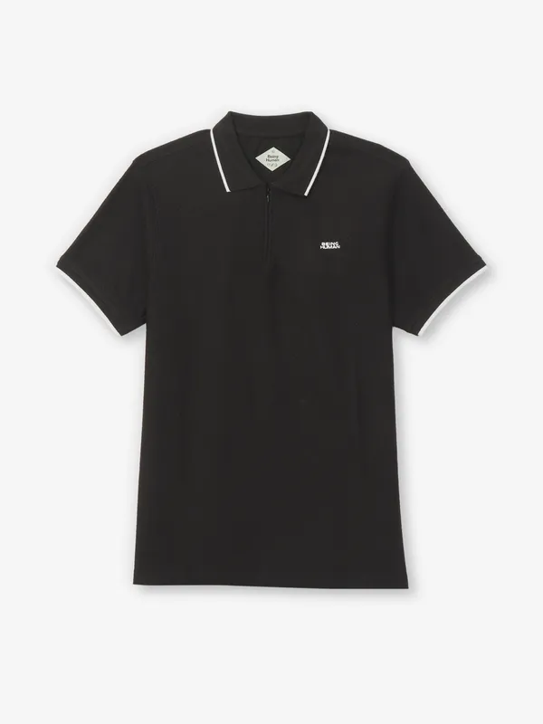 BEING HUMAN solid black casual wear zipper polo t-shirt