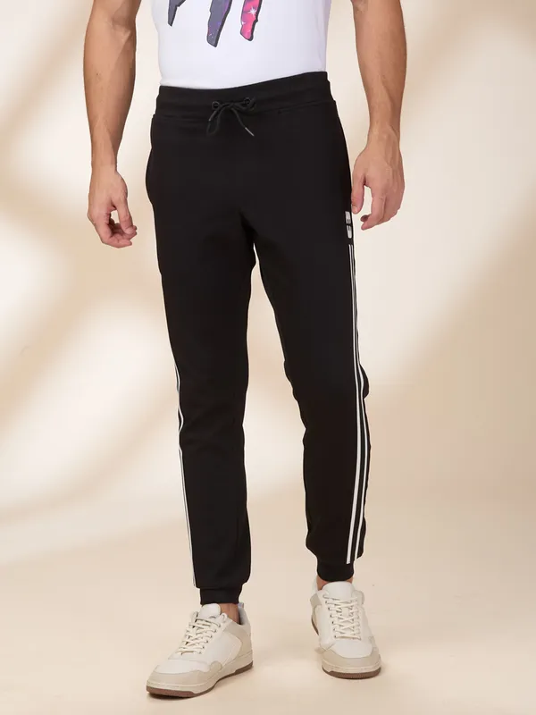 BEING HUMAN solid black cotton track pant