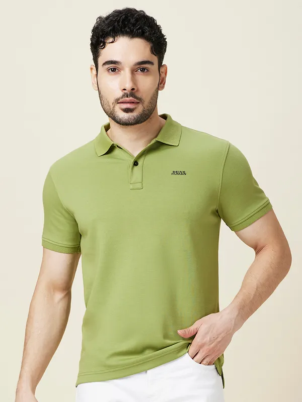 BEING HUMAN solid green slim fit cotton polo t-shirt