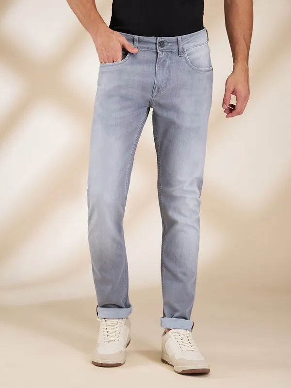 BEING HUMAN solid grey slim tapered jeans for mens