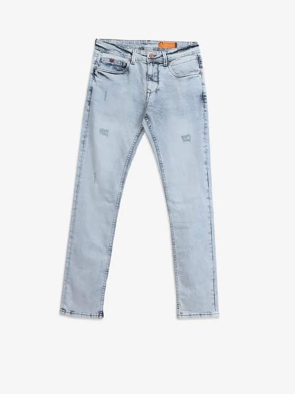 BEING HUMAN solid light blue denim slim fit jeans