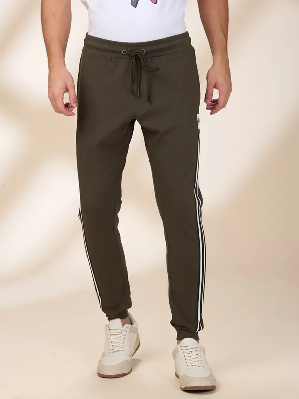 BEING HUMAN solid olive track pant