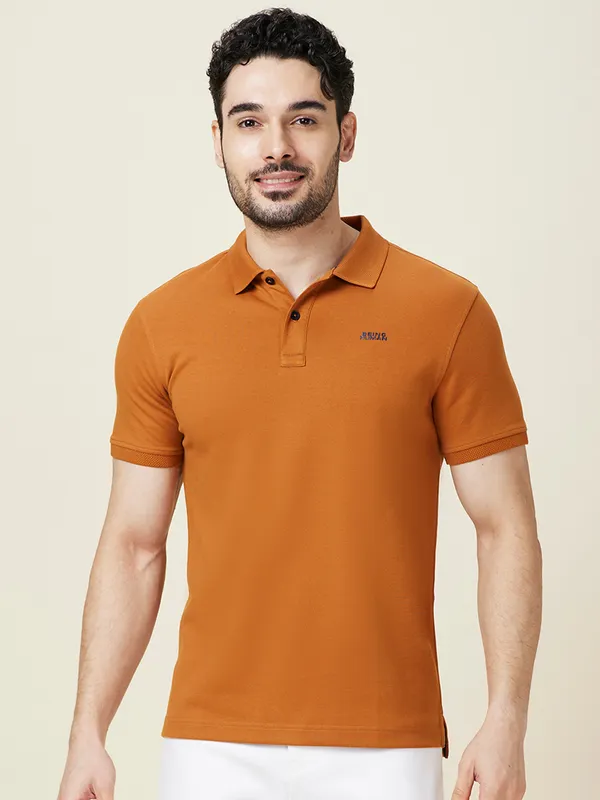 BEING HUMAN solid orange slim fit cotton polo t-shirt