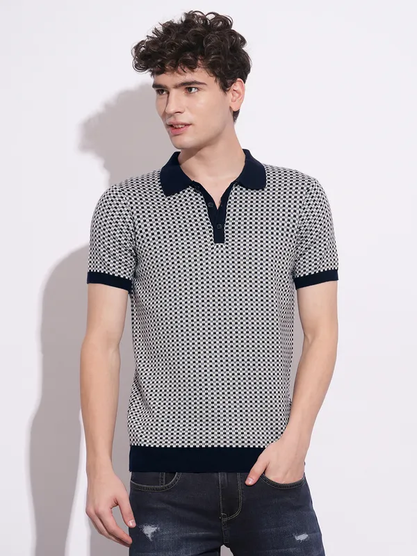 BEING HUMAN textured navy cotton polo t-shirt