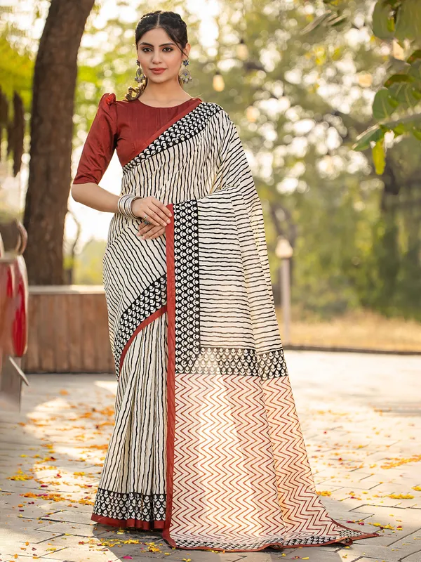 Bhagalpuri silk off white printed saree