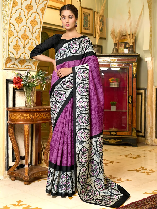 Bhagalpuri silk purple printed saree for festive wear
