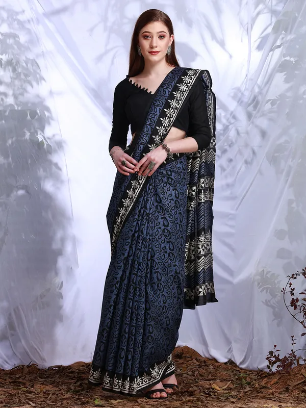 Bhagalpuri silk stone blue printed saree
