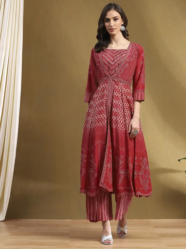 BIBA maroon printed jacket style palazzo set