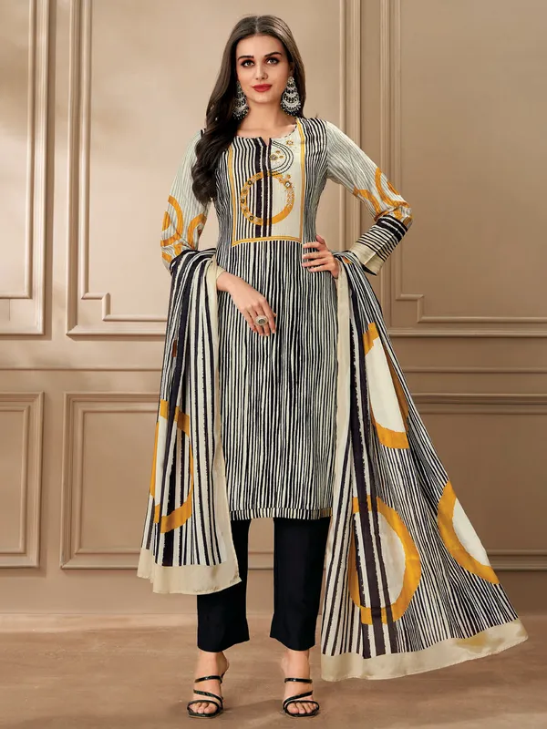 Black and cream printed dola silk salwar suit