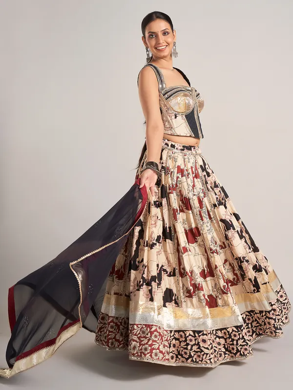 Black and cream silk zardosi work navratri chaniya choli