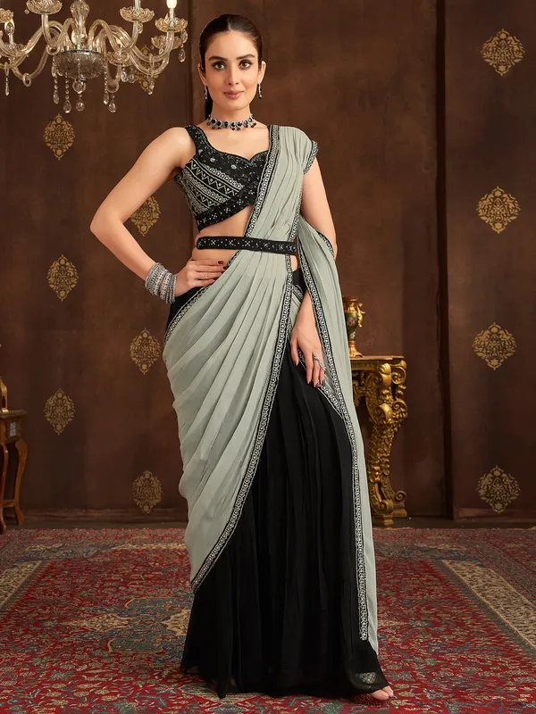 Black and grey georgette ready to wear saree