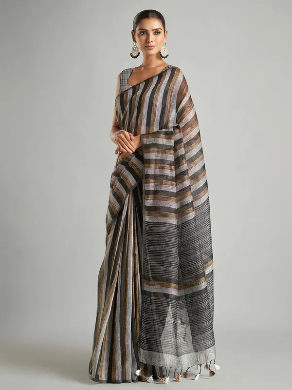 Black and grey stripe saree