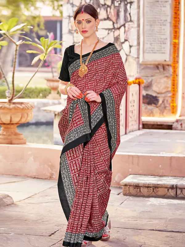 Black and maroon printed bhagalpuri silk saree