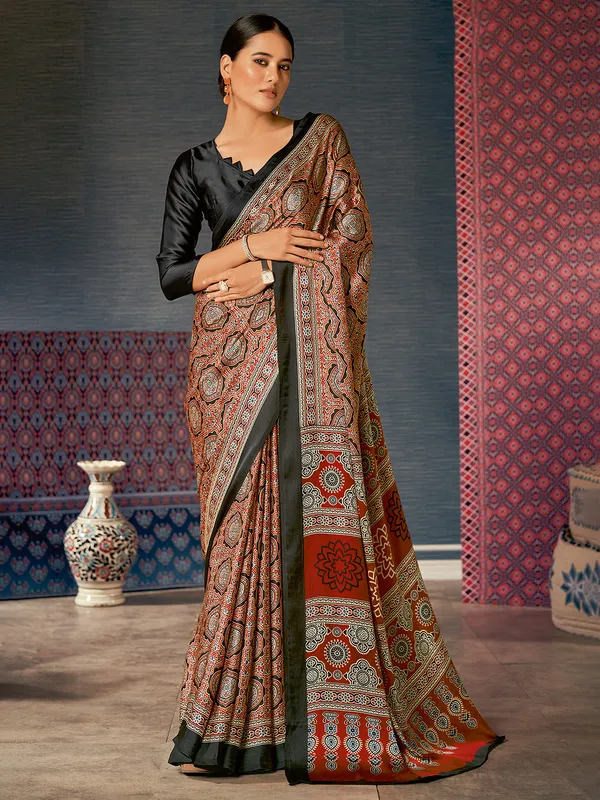 Black and maroon printed crepe saree