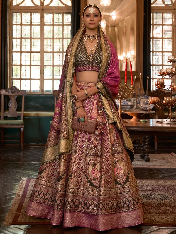 Black and pink wedding lehenga choli in silk