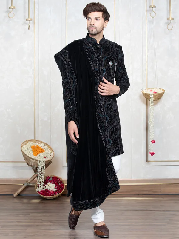 Black and rama blue velvet indowestern
