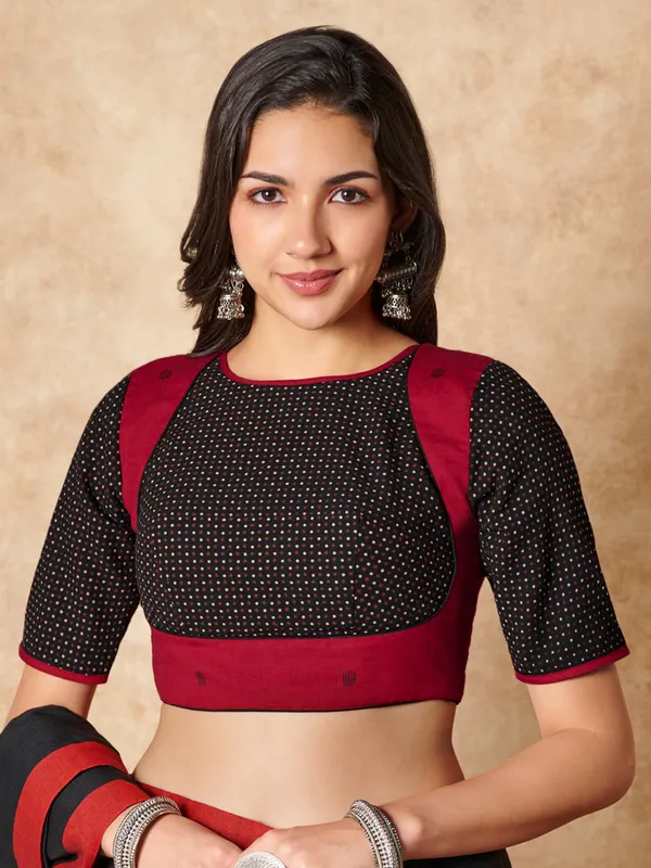 Black and red cotton round neck ready made blouse