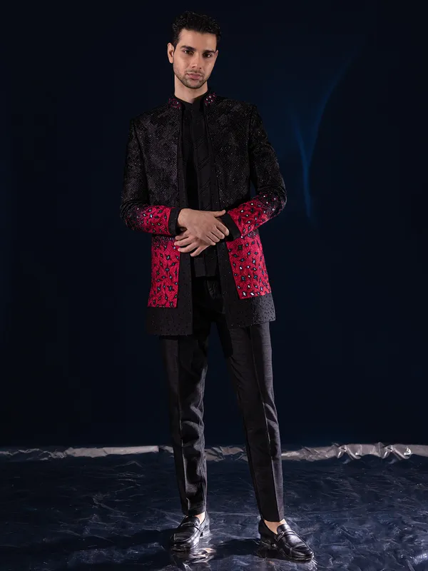 Black and red indowestern in raw silk for men