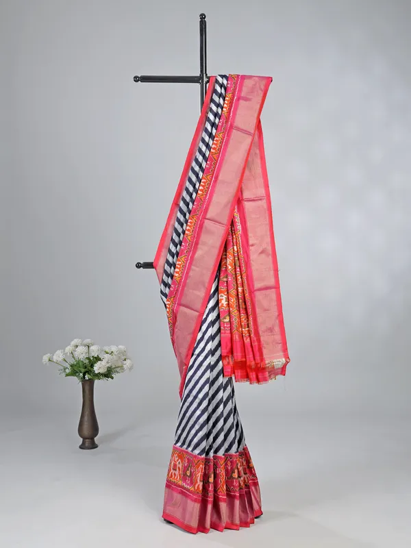 Black and white patola silk printed saree