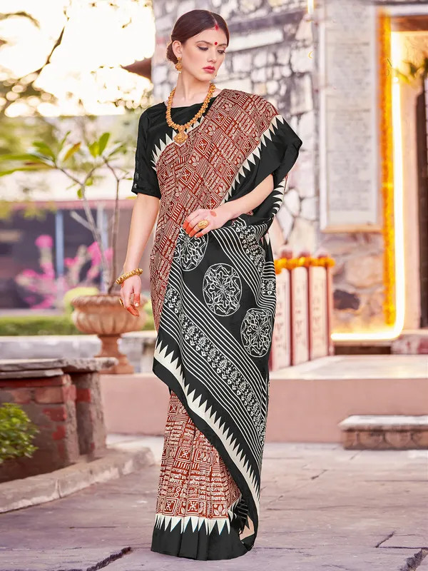 Black and white printed bhagalpuri silk saree