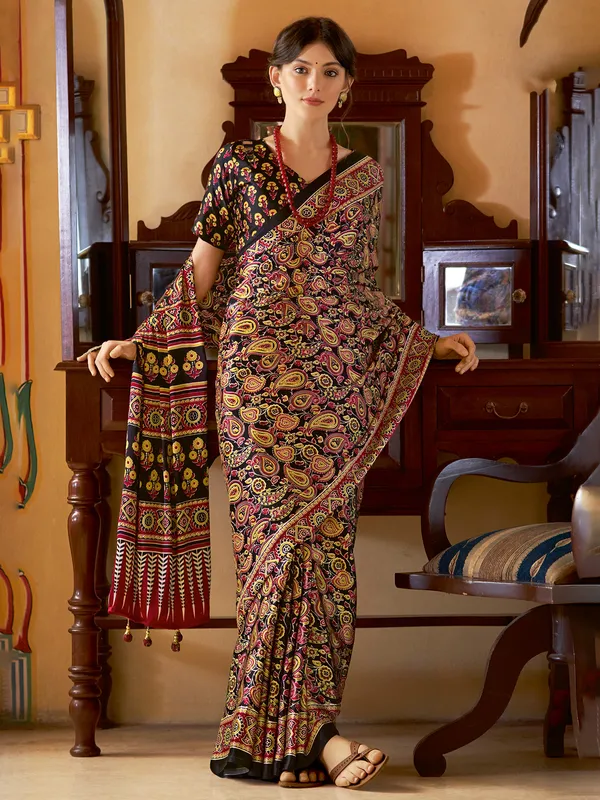 Black and yellow printed japan silk saree