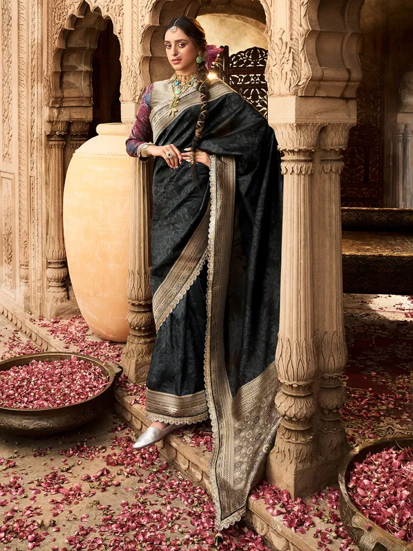 Black banarasi silk saree with attractive border