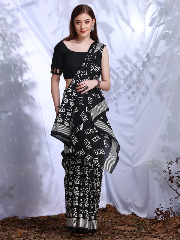 Black bhagalpuri silk saree in printed