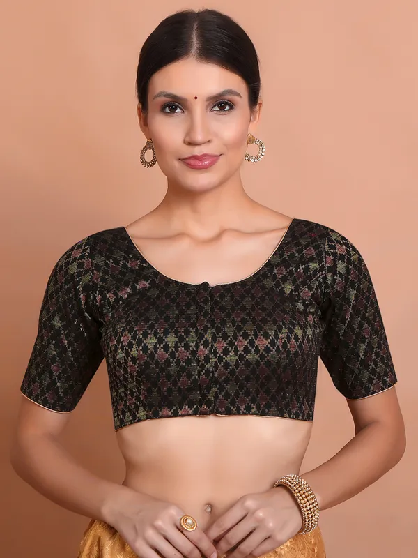 Black brocade round neck ready made blouse