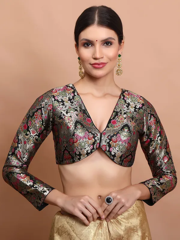 Black brocade V neck ready made blouse for women
